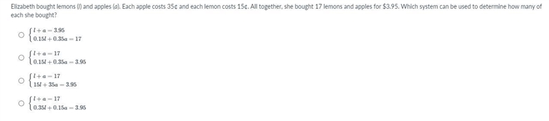 Elizabeth bought lemons (l) and apples (a). Each apple costs 35¢ and each lemon costs-example-1