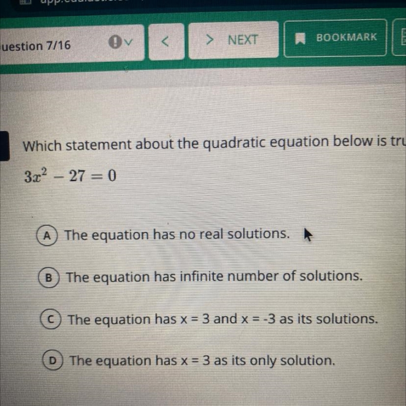 Which statement about the quadratic equation below is true? 3x^2-27=0-example-1