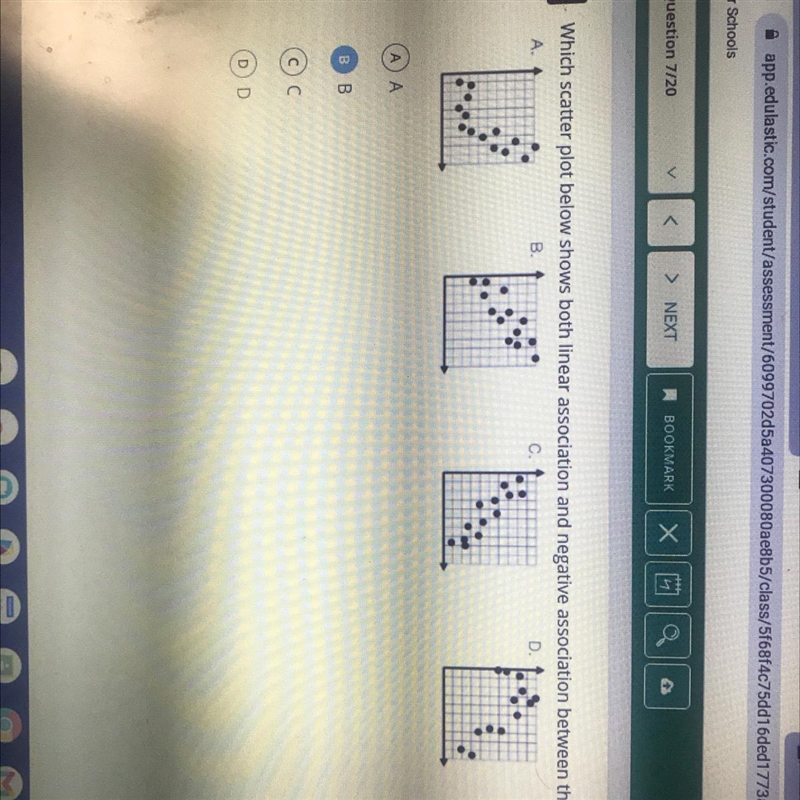 Which scatter plot below shows both linear association and negative association between-example-1