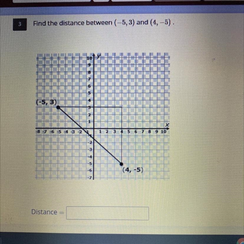 Find the distance between (-5,3) and (4,-5). Round your answer to the nearest hundredth-example-1