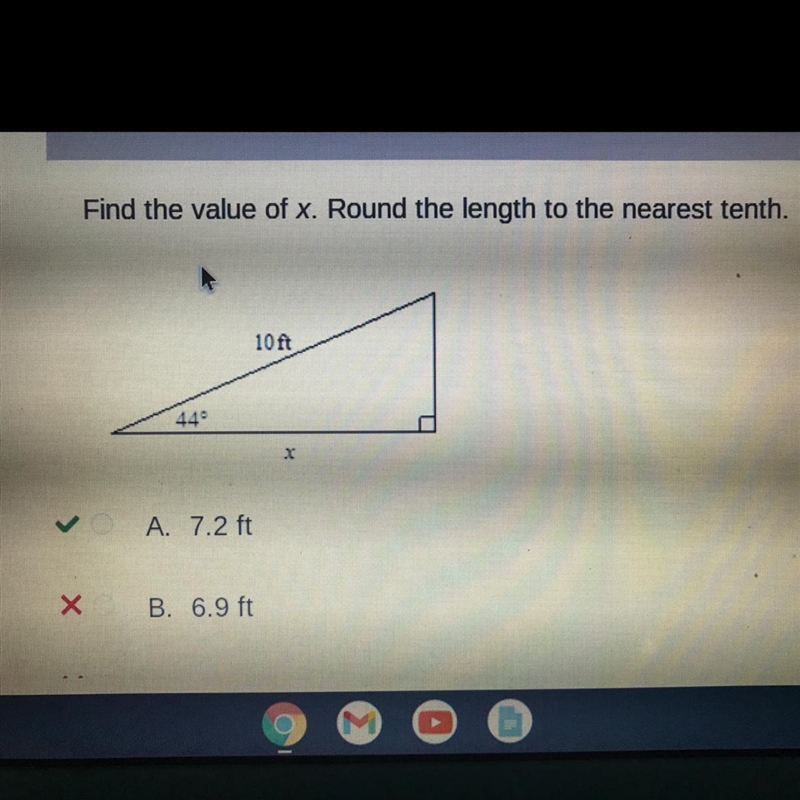 Find the value of x. Round the length to the nearest tenth. ANSWER: A)7.2 ft-example-1