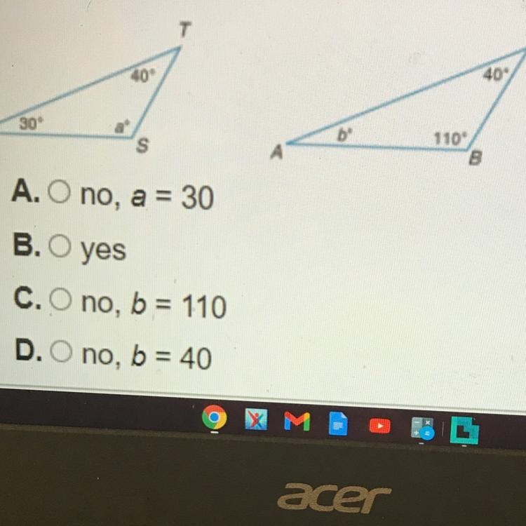 Determine whether the triangles are similar if not explain why not-example-1