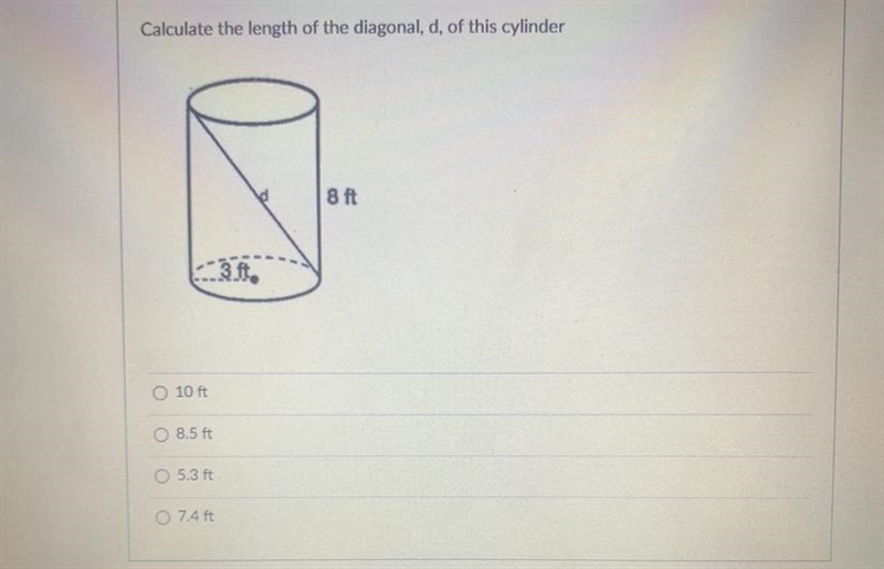 Calculate the length of the diagonal, d, of this cylinder-example-1