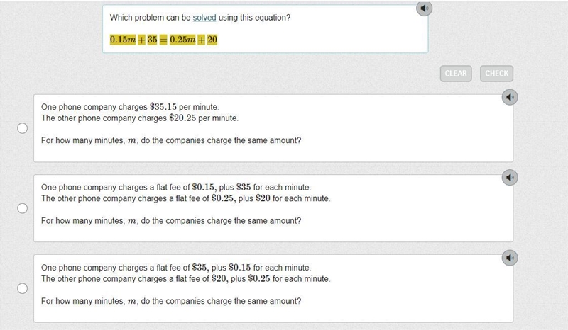 Which problem can be solved using this equation? 0.15m+35=0.25m+20-example-1