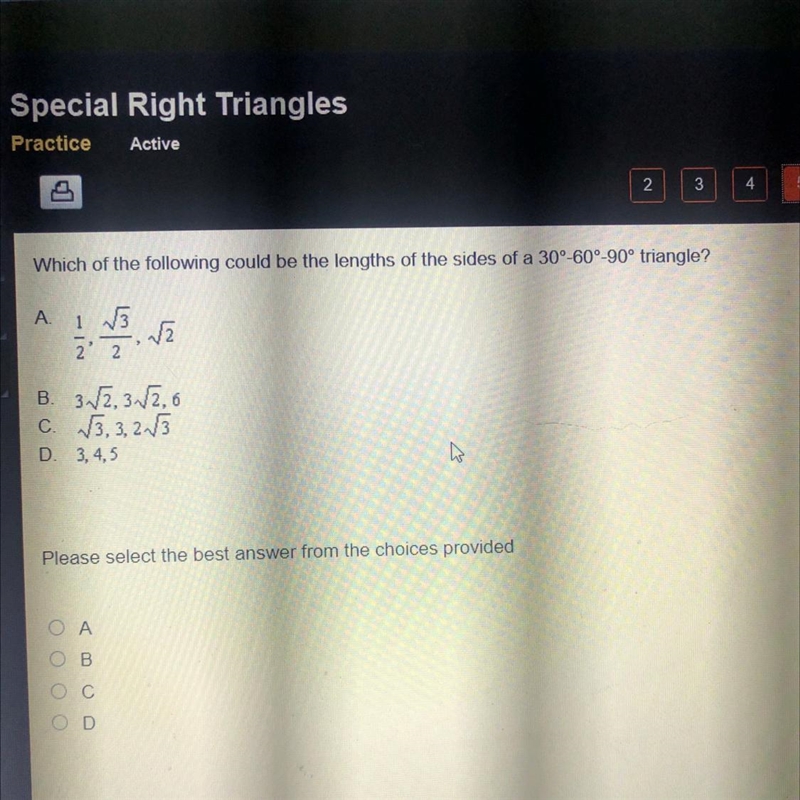 PLZ HELP!! Which of the following could be the lengths of the sides of a 30°-60°-90° triangle-example-1