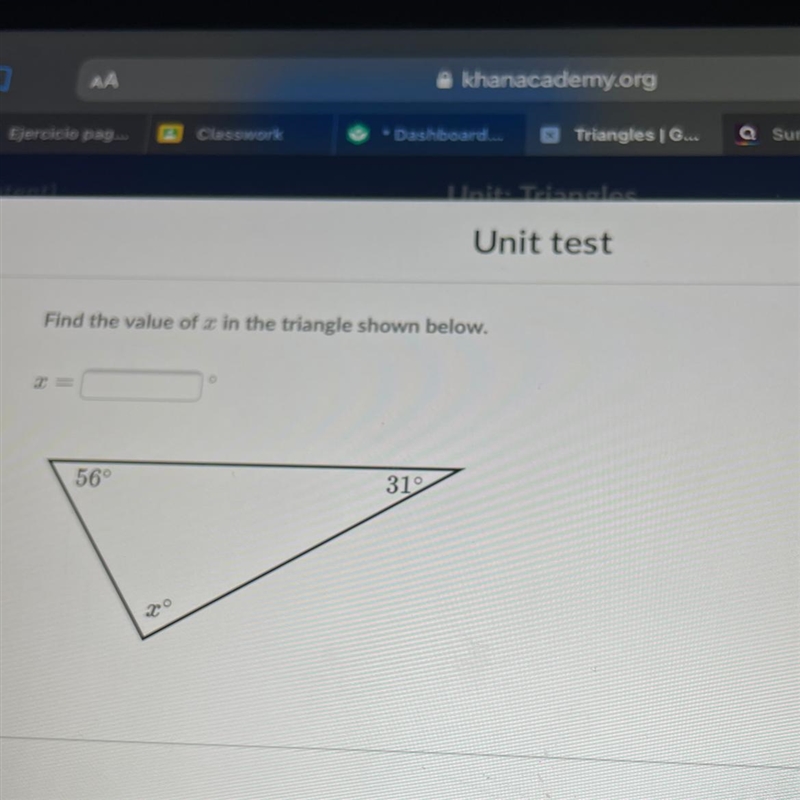 Find the value of x in the triangle shown below. 56° 31 x-example-1