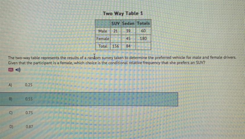 Two Way Table 1 SUV Sedan Totals Male 21 39 60 45 180 Female Total 156 84 The two-example-1