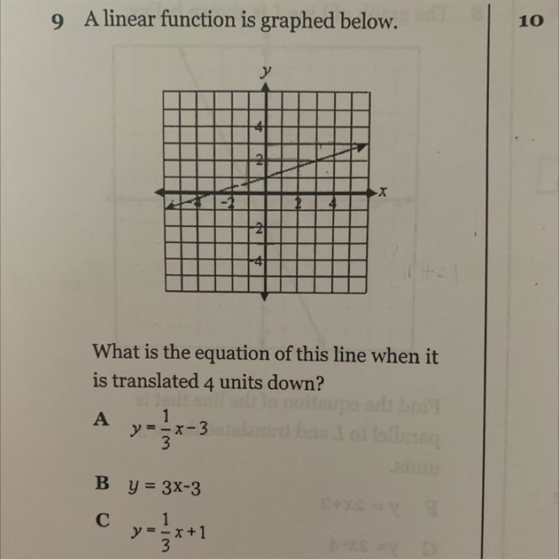 A linear function is graphed below. What is the equation of this line when it is translated-example-1