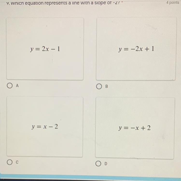 Which equation represents a line with a slope of -2? PLEASE ITS ERGENT BARBS-example-1