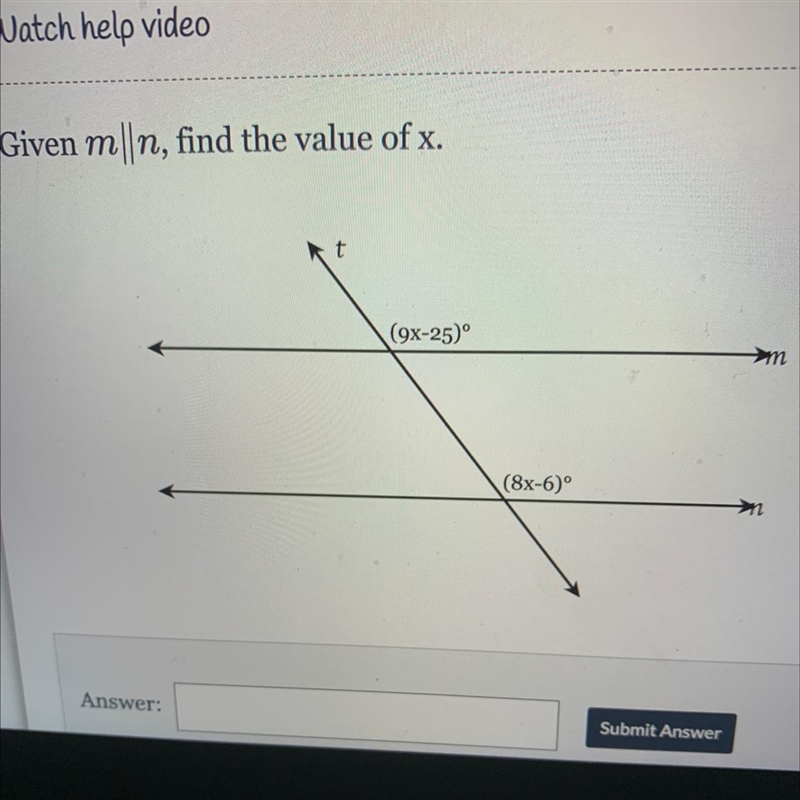 Given m||n, find the value of x. t (9x-25) (8x-6)°-example-1