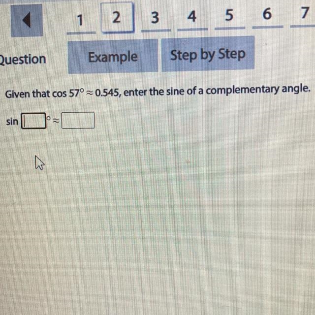 Given that cos 57° = 0.545, enter the sine of a complementary angle. sin h-example-1