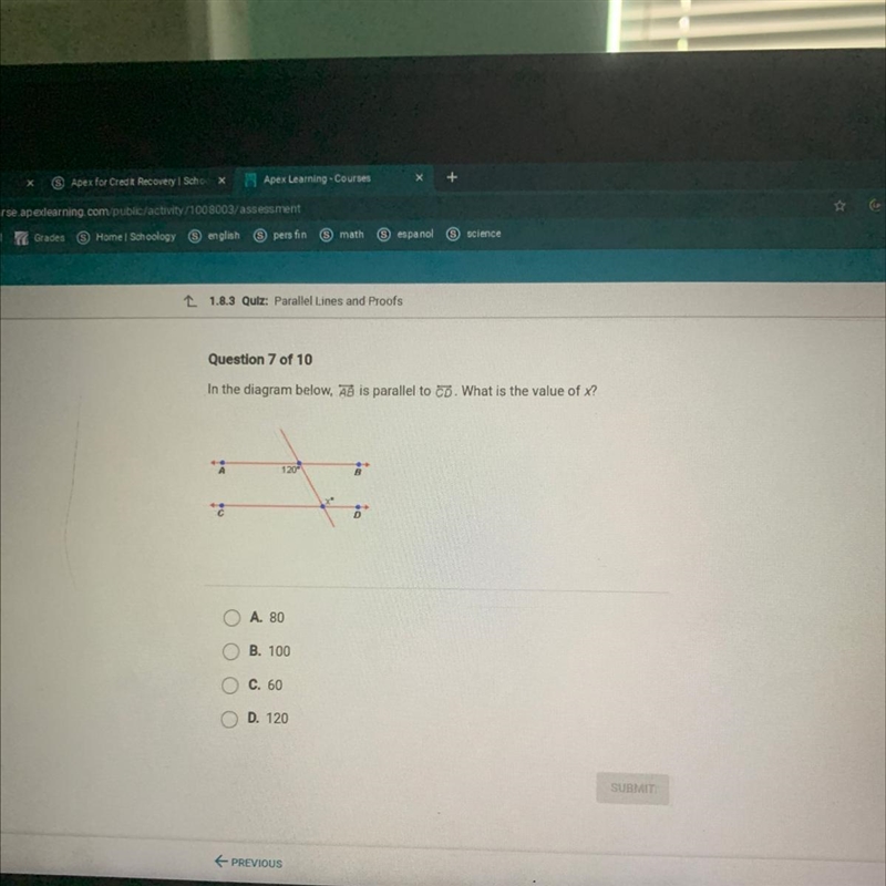 Question 7 of 10 In the diagram below, AB is parallel to CD. What is the value of-example-1