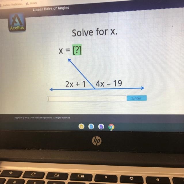 Cellus Solve for x. x = [?] 2x + 1 4x - 19 Enter-example-1