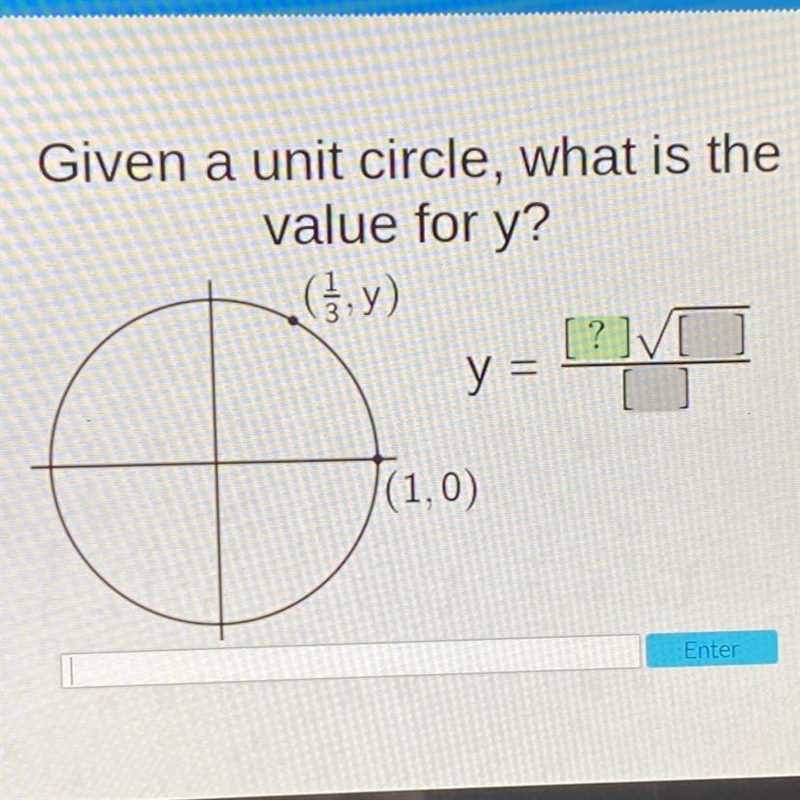 Given a unit circle, what is the value for y? (1/3, y) y = ?-example-1