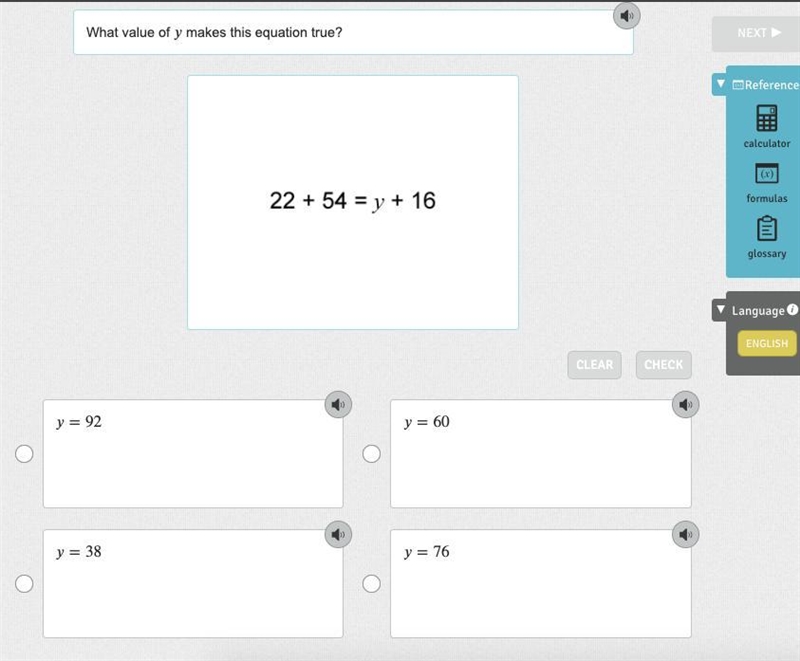 What value of makes this equation true? =92 =60 =38 =76-example-1