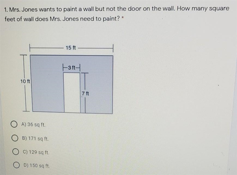 Mrs Jones wants to paint a wall but not the door on the wall How many square feet-example-1