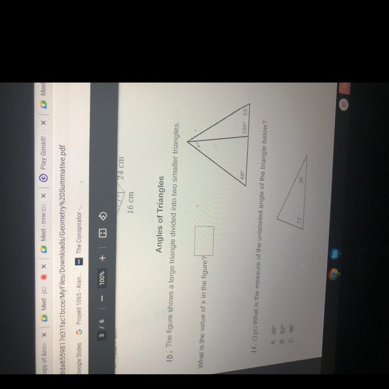 The figure shows a large triangle divided into two smaller triangles what is the value-example-1