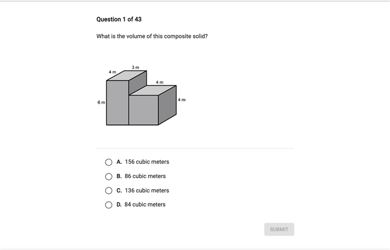 What is the volume of this composite solid? A. 156 cubic meters B. 86 cubic meters-example-1