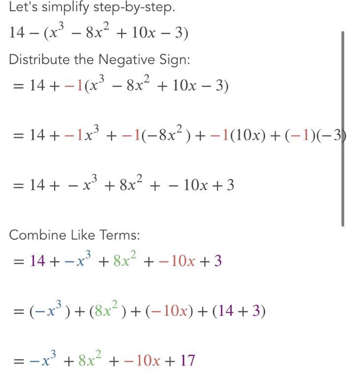 Can someone please explain this to me Answer = -x^3 + 8x^2 - 10x +17 Where does the-example-1