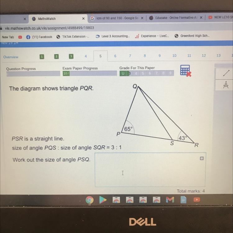 The diagram shows triangle PQR. PSR is a straight line. size of angle PQS : size of-example-1