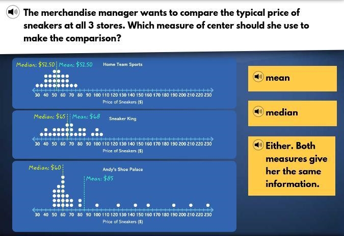 The merchandise manager wants to compare the typical price of sneakers at all 3 stores-example-1