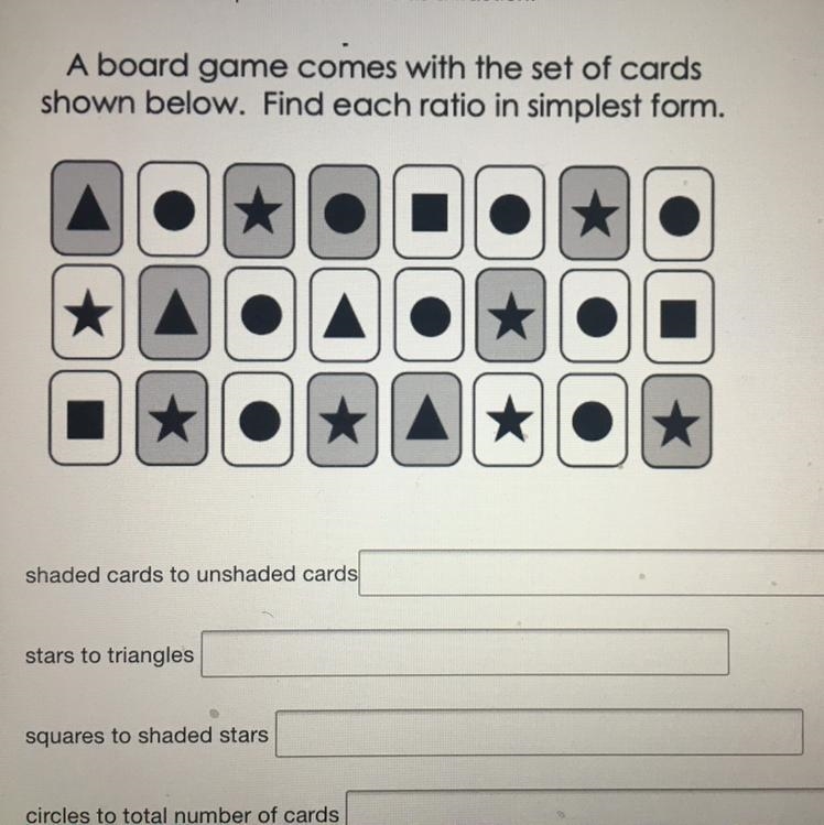 A board game comes with the set of cards shown below. Find each ratio in simplest-example-1