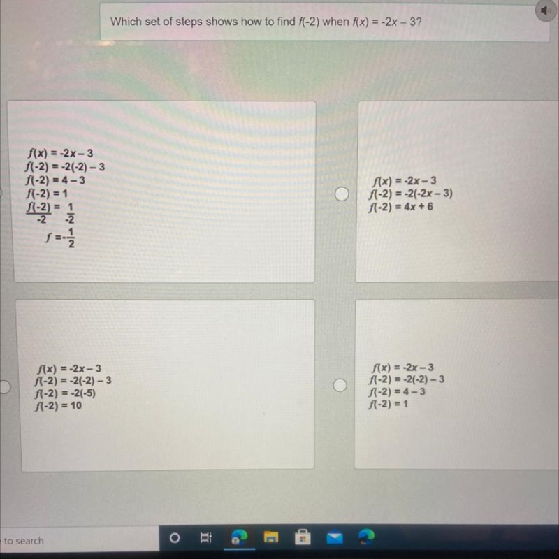 Which set of steps shows how to find f(-2) when f(x) = -2x - 3?-example-1