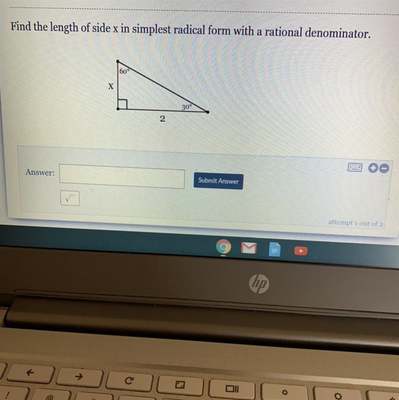 Find the length of side x in simplest radical form with a rational denominator. 60 х-example-1