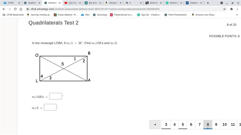 In the rectangle LOBA, if m∠1 = 36°. Find m∠OBA and m∠2. m∠OBA = m∠2 =-example-1