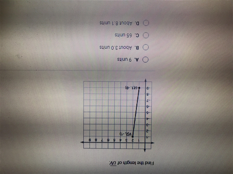 Find the length UV A 9 units B about 3.0 C 65 units D about 8.1 units-example-1