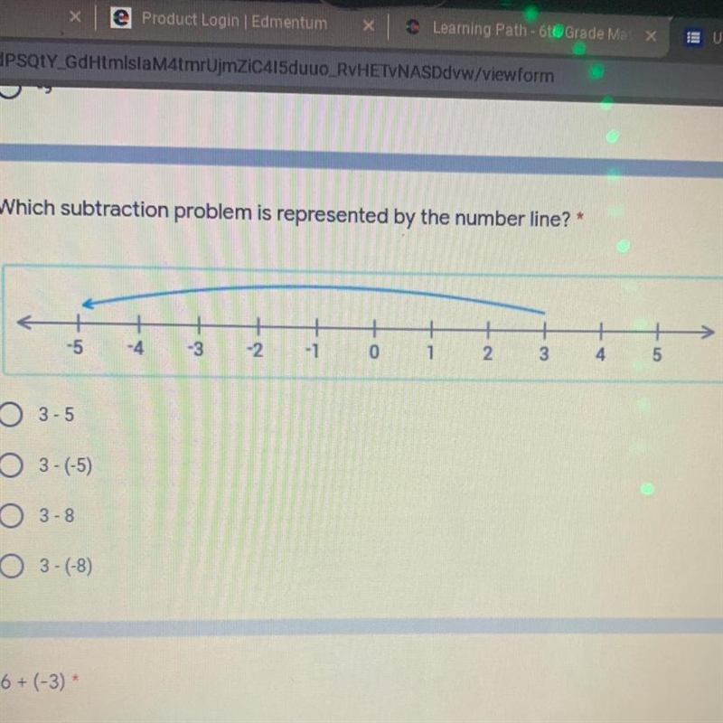 Which subtraction problem is represented by the number line?* A: 3-5 B: 3 - (-5) C-example-1