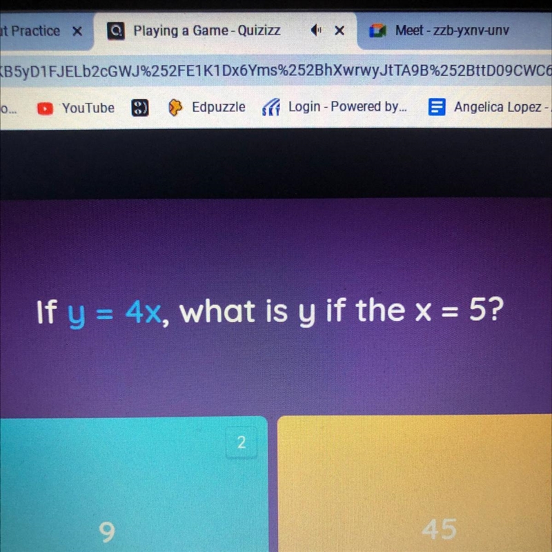 If y = 4x, what is y if the x = 5?-example-1