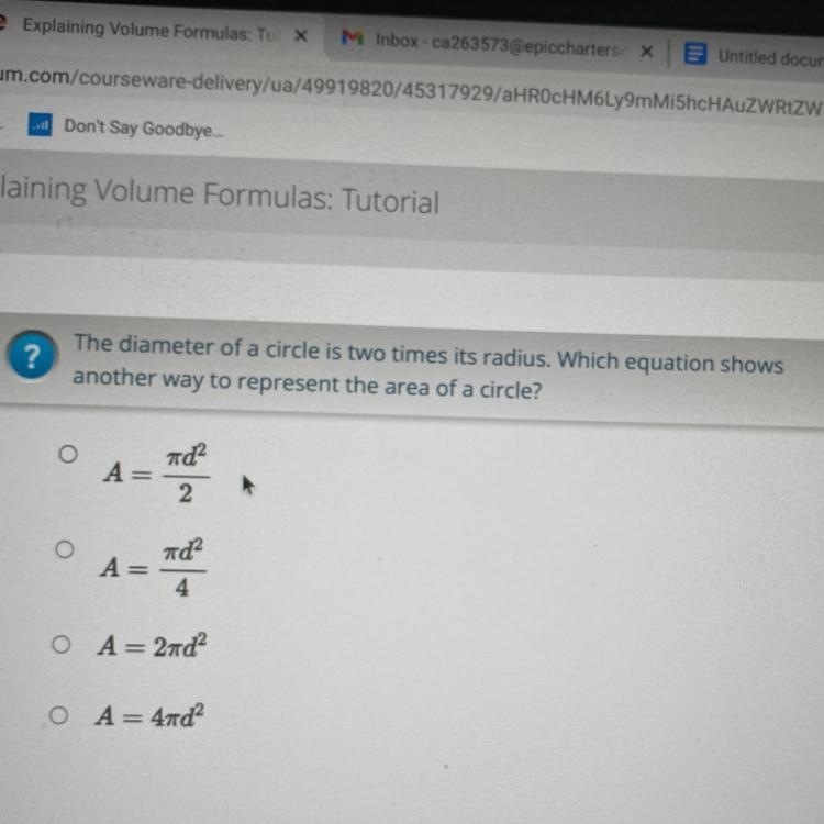 ? The diameter of a circle is two times its radius. Which equation shows another way-example-1