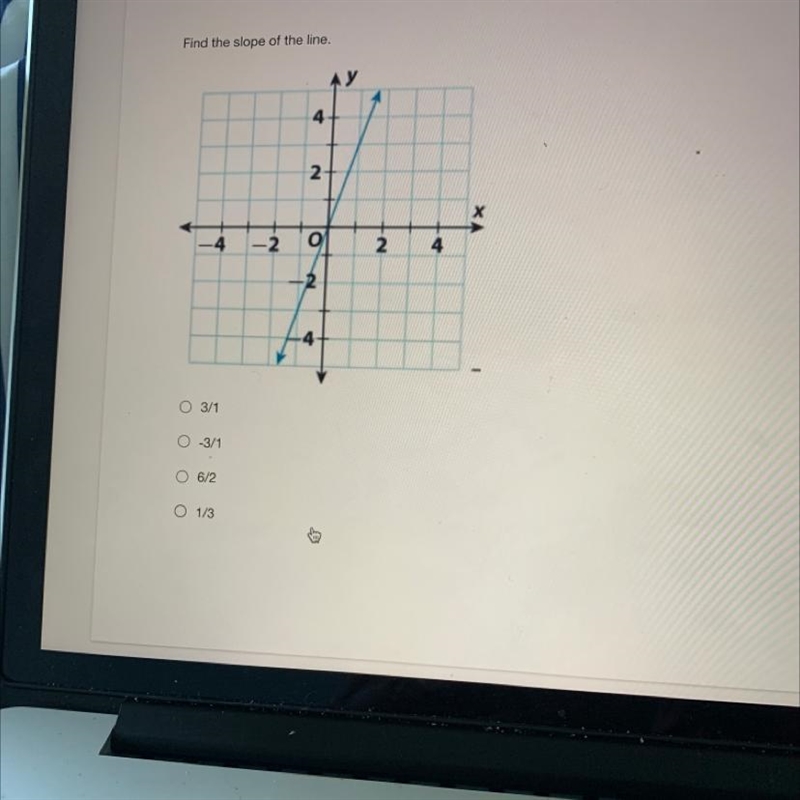 Find the slope of the line. у 4 2 x -4 -2 O 2 4 -2 -4 O 3/1 0 -3/1 O 6/2 O 1/3 2-example-1