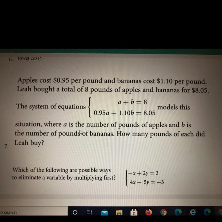 Apples cost $0.95 per pound and bananas cost $1.10 per pound. Leah bought a total-example-1