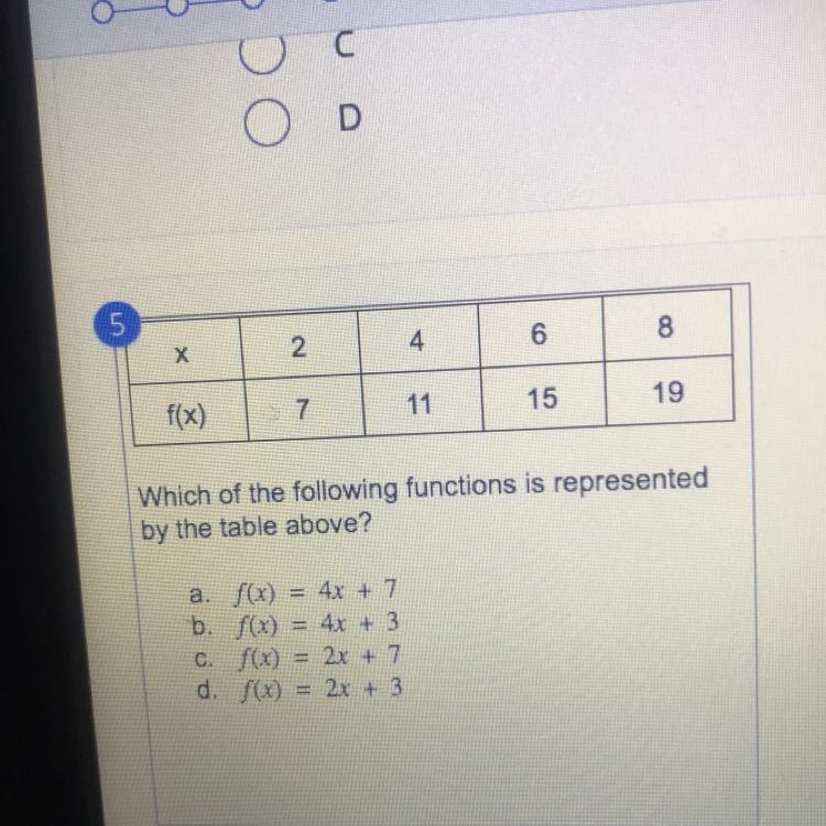 5 X 2 4 6 8 f(x) 7 11 15 19 Which of the following functions is represented by the-example-1