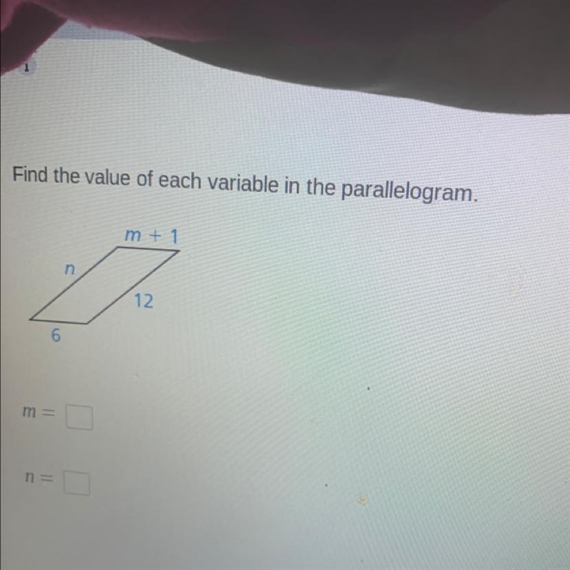 Find the value of each variable in the parallelogram. m + 1 n 12.-example-1