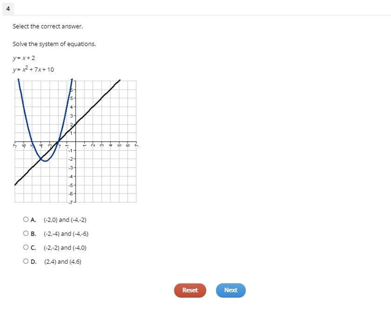 Select the correct answer. Solve the system of equations. y = x + 2 y = x2 + 7x + 10 A-example-1