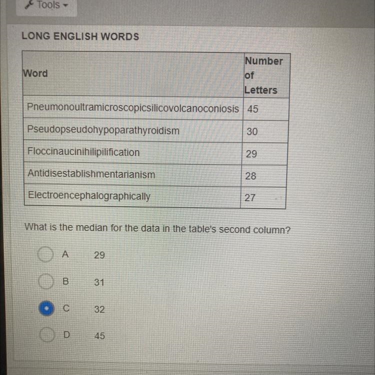What is the median for the data in the table's second column? A 29 B 31 С 32 D 45-example-1