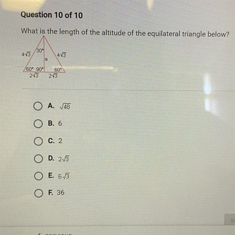 What is the length of the altitude of the equilateral triangle below?-example-1