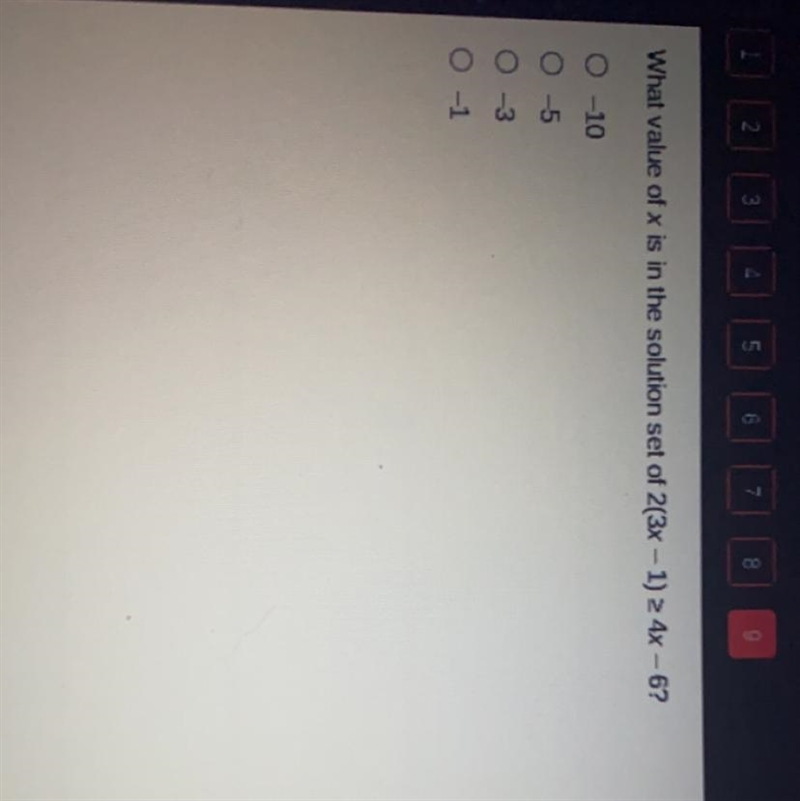 Which value of x is the solution set of 2(3x-1)≥4x-6-example-1