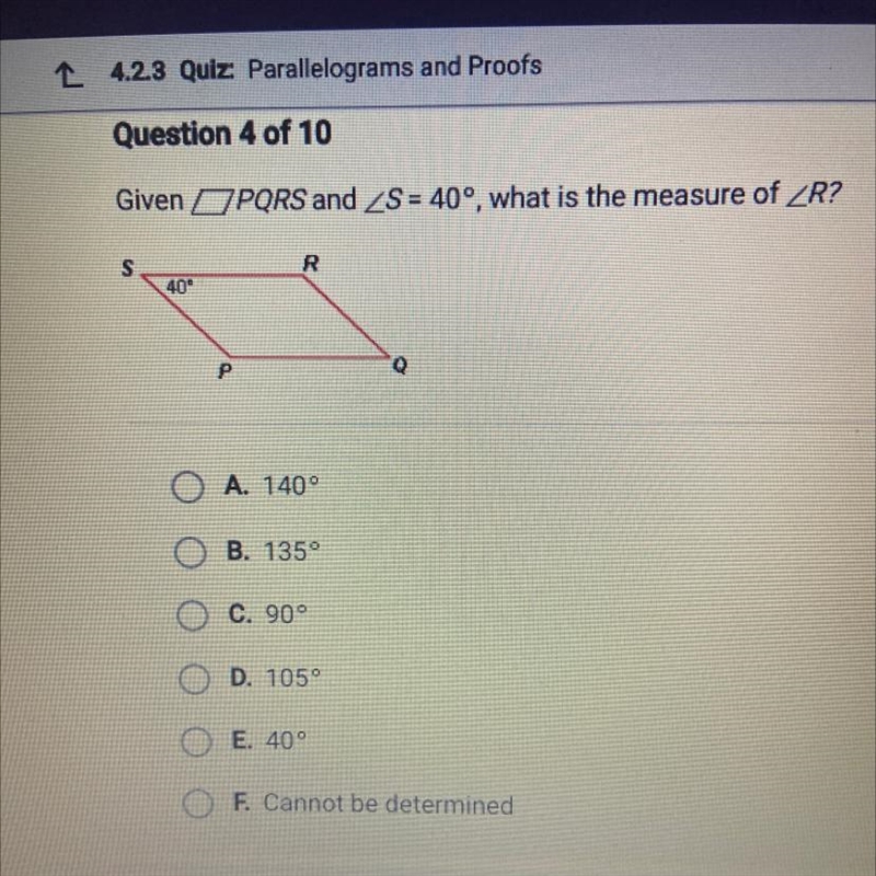 Given PQRS and ZS = 40°, what is the measure of ZR? S R 40°-example-1