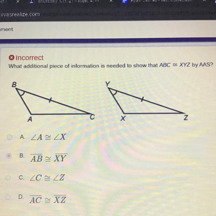 What additional piece of information is needed to show that ABC is congruent to XYZ-example-1