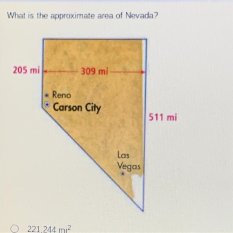 What is the approximate area of Nevada? 205 mi 309 mi Reno Carson City 511 mi Las-example-1