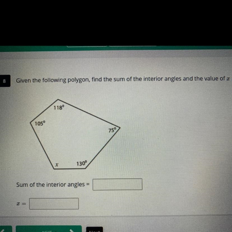 Given the following polygon, find the sum of the interior angles and the value of-example-1