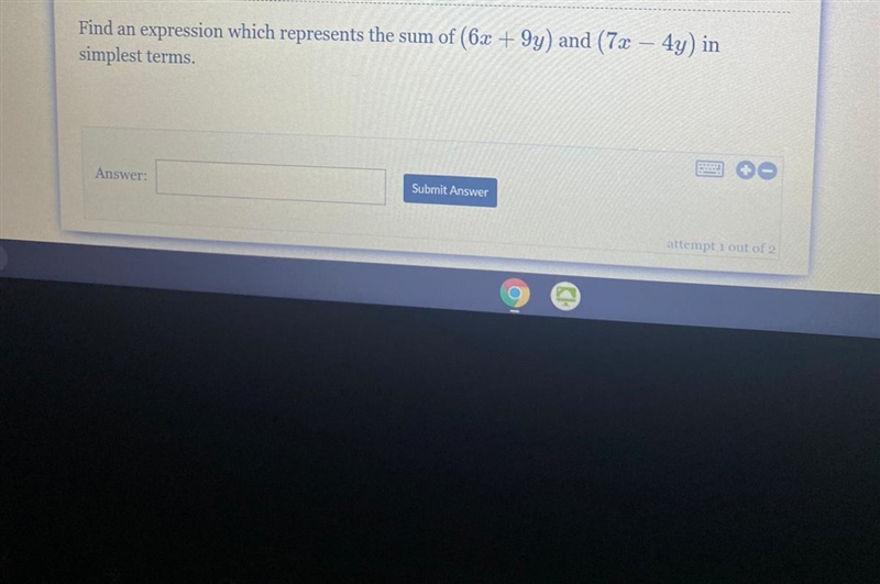 Find an expression which represents the sum of (6x + 9y) and (7x – 4y) in simplest-example-1