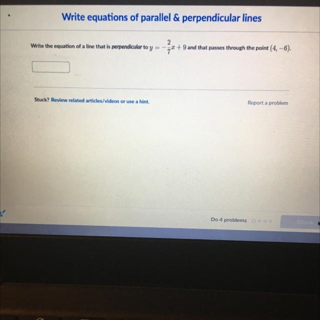 Write the equation of a line that is perpendicular to y=-2/7x + 9 and that passes-example-1