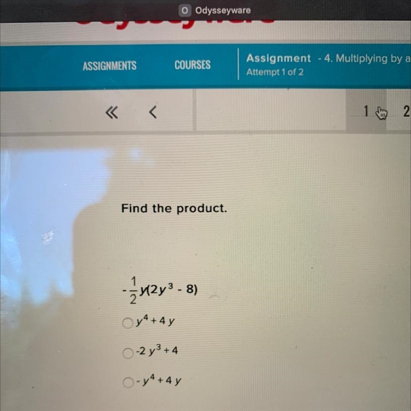 Find the product. -1/2 y(2y^3-8)-example-1