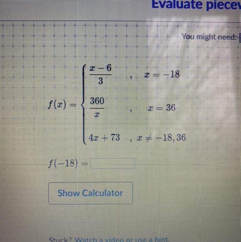 - 6 x= -18 3 360 f(x) = I= 36 C 4x + 73 X = -18,36 f(-18) =-example-1