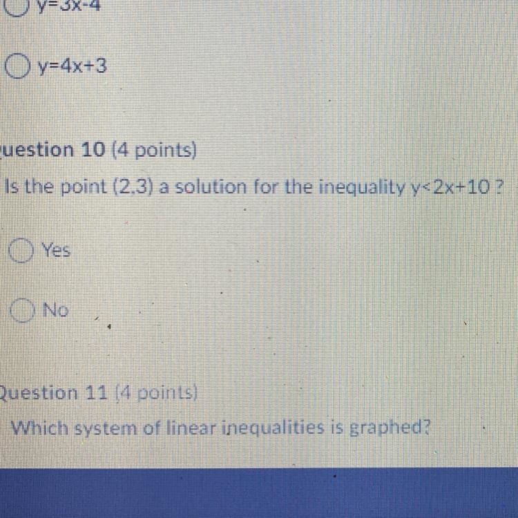 Is the point (2.3) a solution for the inequality y<2x+10 ? Yes No-example-1